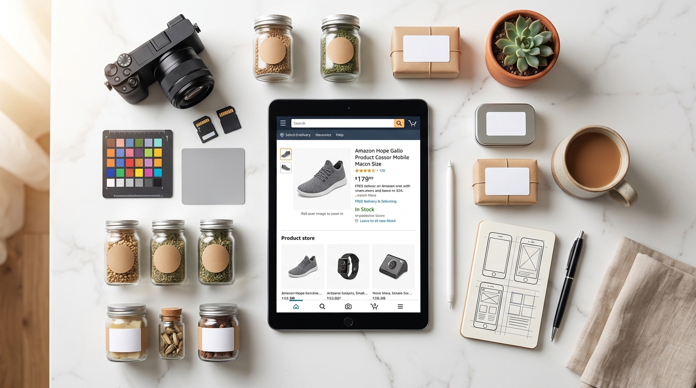 Flat lay showing amazon image optimization for mobile essentials