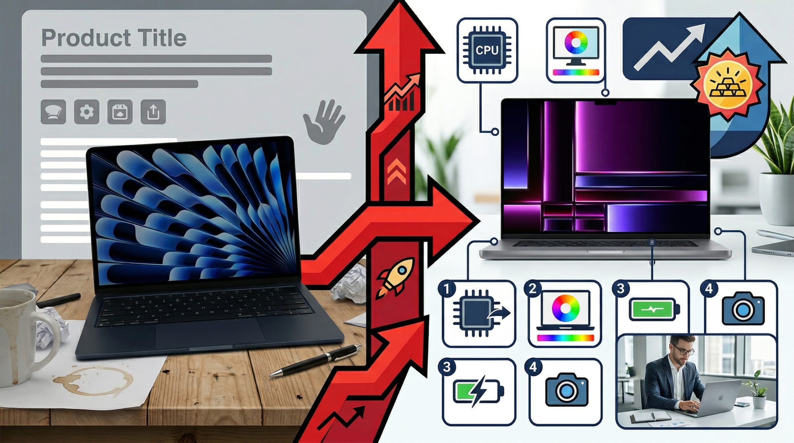 Amazon listing image with graphic design overlays showing product photography on a budget