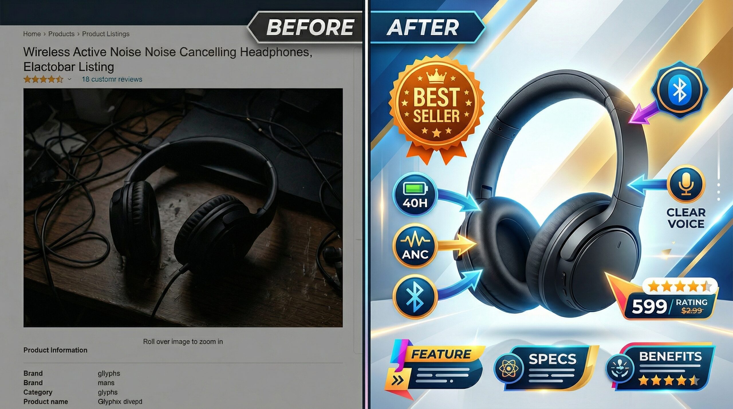 Before and after comparison of amateur versus optimized Amazon listing image
